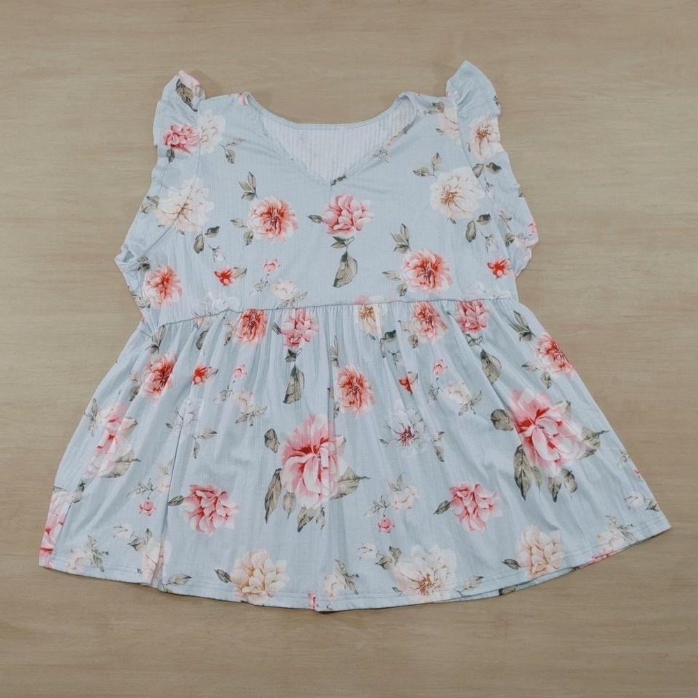 Plus Size 4X Baby Doll Dress Floral Print Light Blue Ruffle Sleeve V Neck